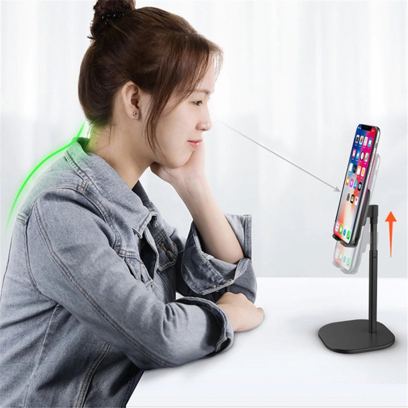 Telefono laikiklis teleskopinis planšetinis kompiuteris ant stalo juodas