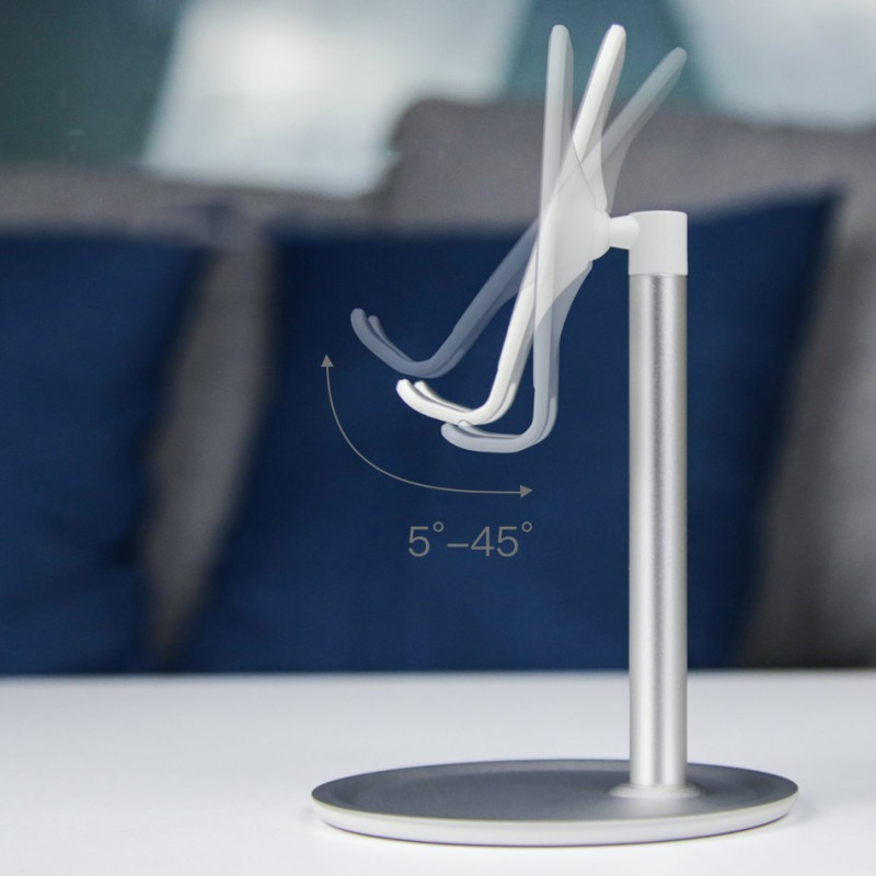 Telefono laikiklis teleskopinis planšetinis kompiuteris ant stalo juodas