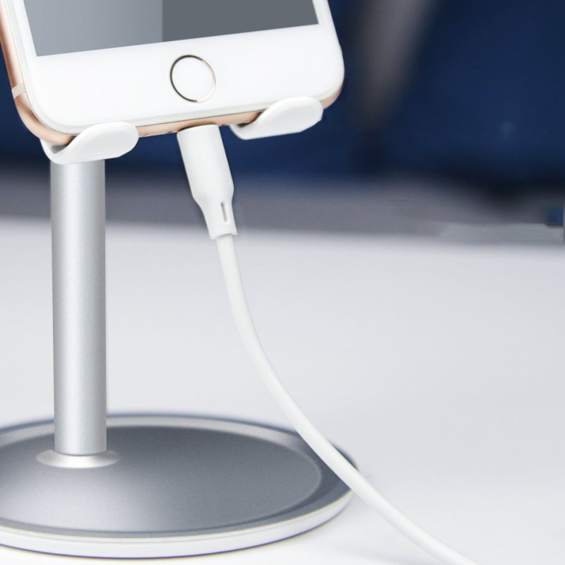 Telefono laikiklis teleskopinis planšetinis kompiuteris ant stalo juodas