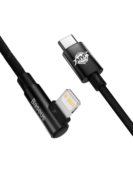 Kampinis laidas Maitinimo laidas su šoniniu USB-C kištuku iPhone Lightning 2m 20W juodas Kampinis laidas Maitinimo laidas su šoniniu USB-C kištuku iPhone Lightning 2m 20W juodas