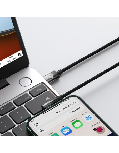 Kampinis laidas Maitinimo laidas su šoniniu USB-C kištuku iPhone Lightning 2m 20W juodas Kampinis laidas Maitinimo laidas su šoniniu USB-C kištuku iPhone Lightning 2m 20W juodas