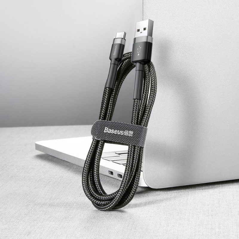 Patvarus pintas kabelis iš USB į USB-C QC3 0,5 m – juodas ir pilkas