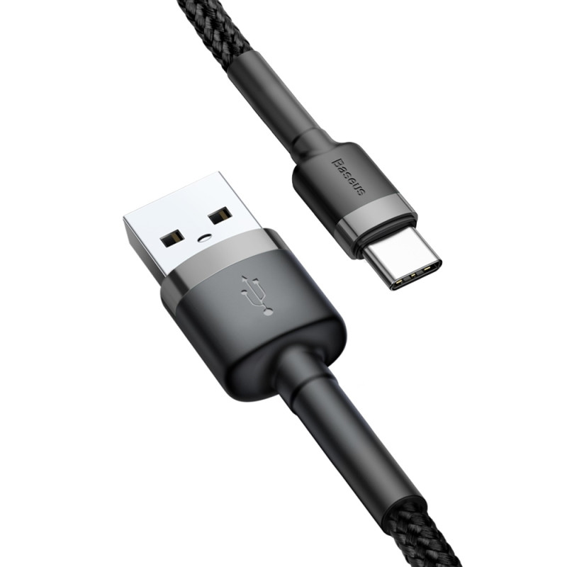 Patvarus pintas kabelis iš USB į USB-C QC3 0,5 m – juodas ir pilkas