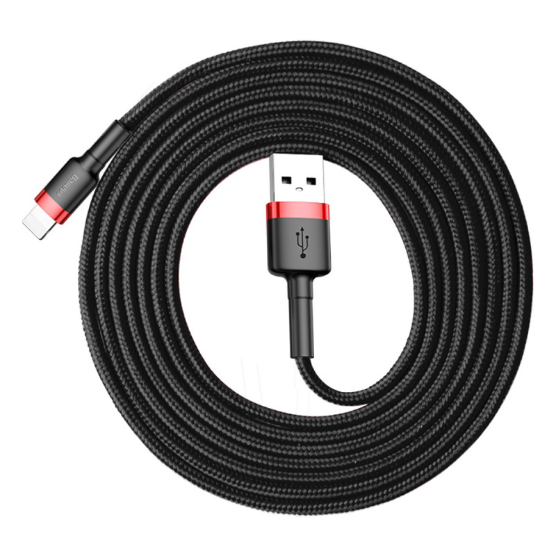 Patvarus pintas USB laidas iPhone Lightning QC3 2m - juodos ir raudonos spalvos