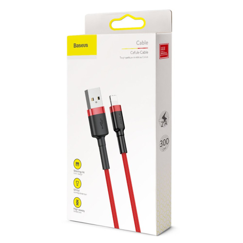 Patvarus nailoninis USB laidas - iPhone Lightning QC3 3m - raudonas