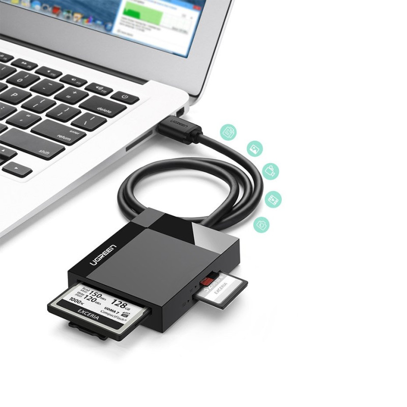 SD / micro SD / CF / MS atminties kortelių skaitytuvas, USB 3.0 kištukas 1m - juodas