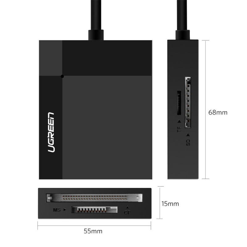 SD / micro SD / CF / MS atminties kortelių skaitytuvas, USB 3.0 kištukas 1m - juodas