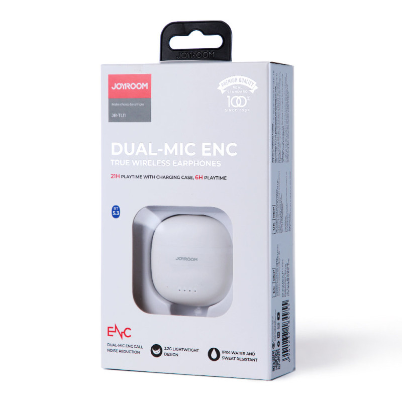 TWS belaidės ausinės ENC vandeniui atsparios IPX4 Bluetooth 5.3 baltos spalvos