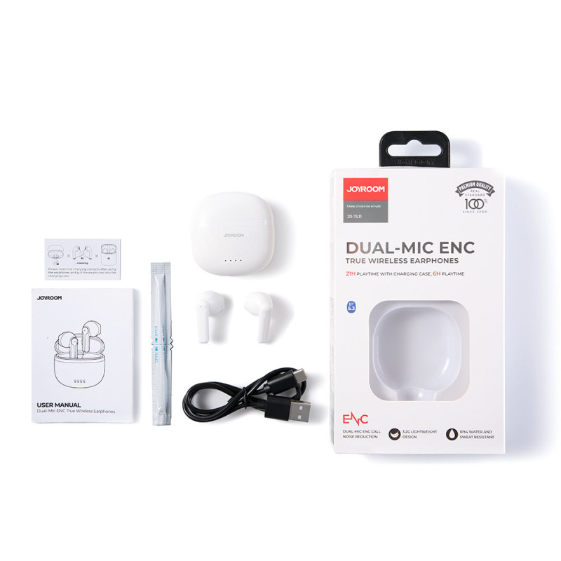 TWS belaidės ausinės ENC vandeniui atsparios IPX4 Bluetooth 5.3 baltos spalvos