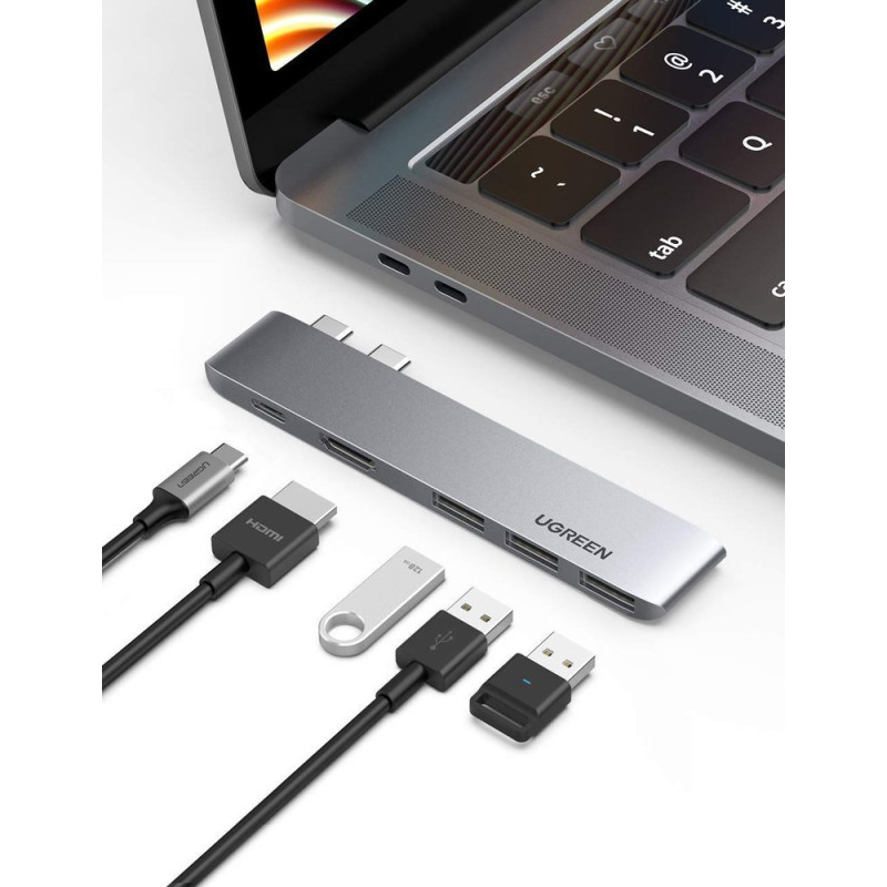 Daugiafunkcinis HUB prievadas skirtas MacBook Pro / Air 2x USB-C į USB-C HDMI 3x USB 3.0 – pilka