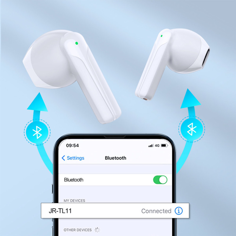 TWS belaidės ausinės ENC vandeniui atsparios IPX4 Bluetooth 5.3 baltos spalvos
