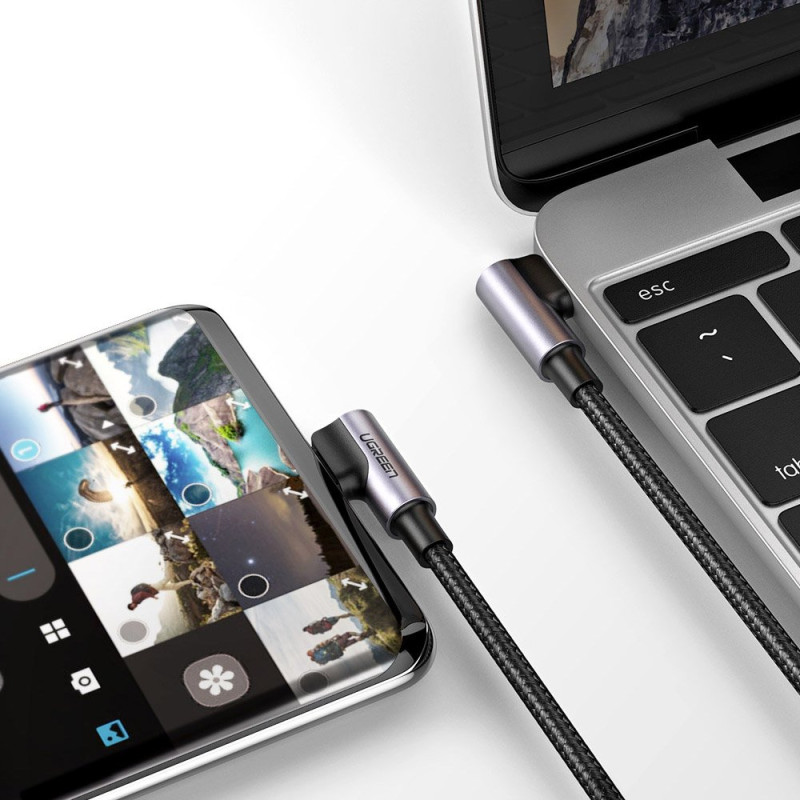 Kampinis laidas su šonine USB-C į USB-C greito įkrovimo kištuku, 1 m – pilkas