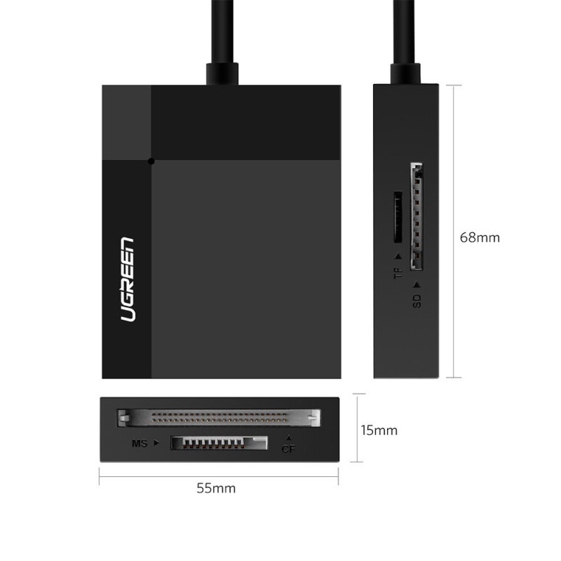 SD / micro SD / CF / MS atminties kortelių skaitytuvas, USB 3.0 kištukas - juodas