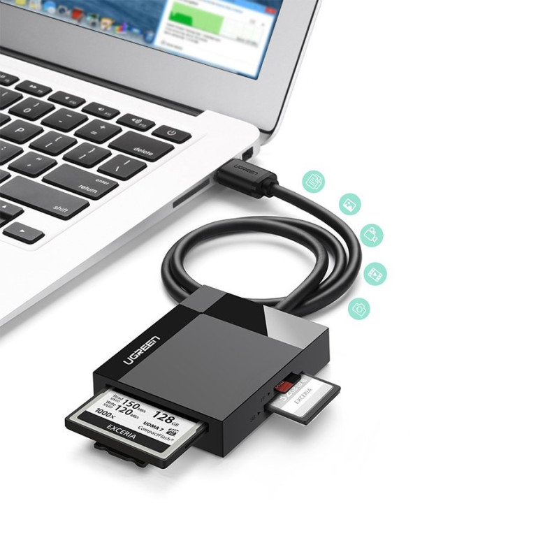 SD / micro SD / CF / MS atminties kortelių skaitytuvas, USB 3.0 kištukas - juodas