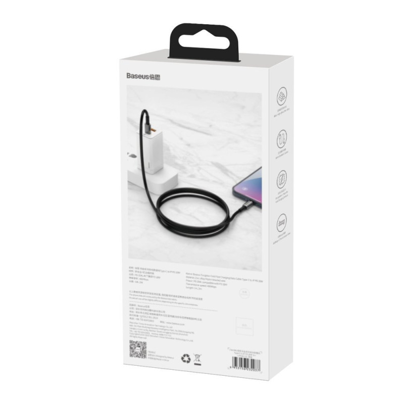Kabelis iPhone USB-C - Žaibiškai greitas įkrovimas 20W 1m - visas juodas