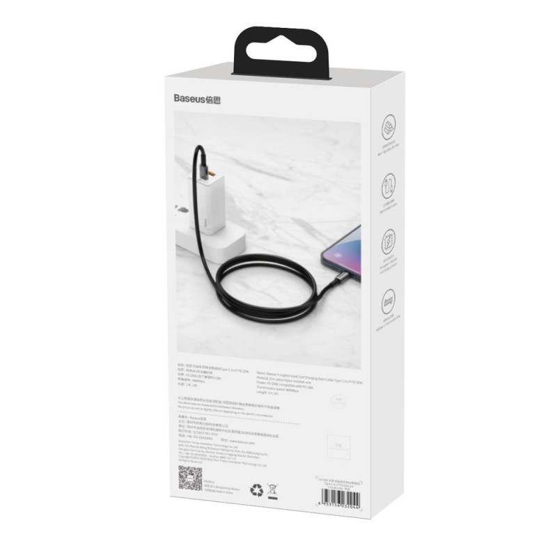 Kabelis iPhone USB-C – Žaibiškai greitas įkrovimas 20W 2m – visas juodas