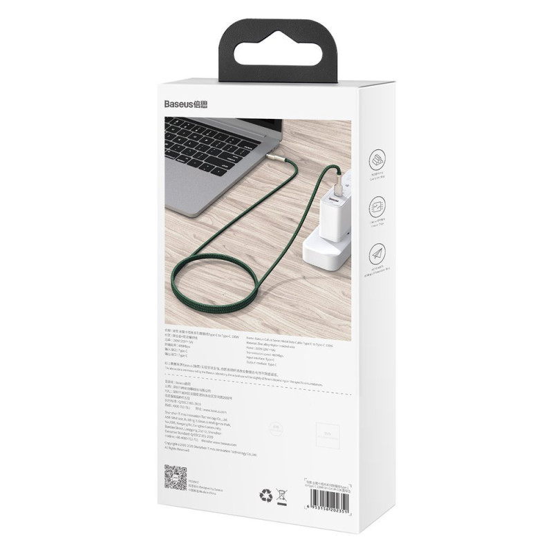 USB-C - USB-C Cafule Metal Data Maitinimo kabelis 100W 2m - žalias
