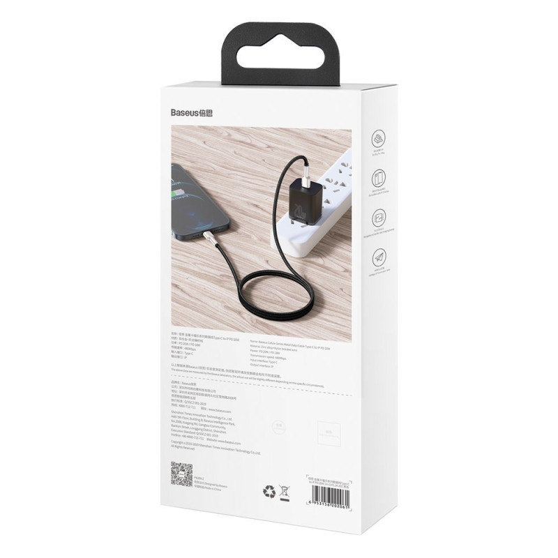 iPhone USB-C - Lightning Cafule Metal Data Power Delivery kabelis 20W 1m - juodas