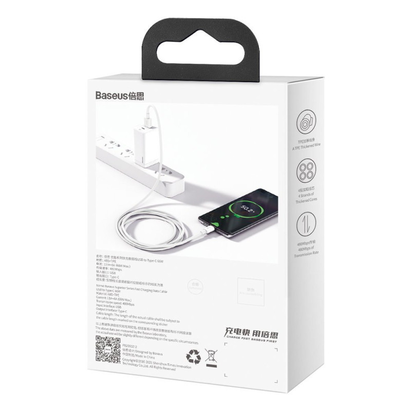 Superior USB – USB-C laidas 66W 6A 1m – baltas