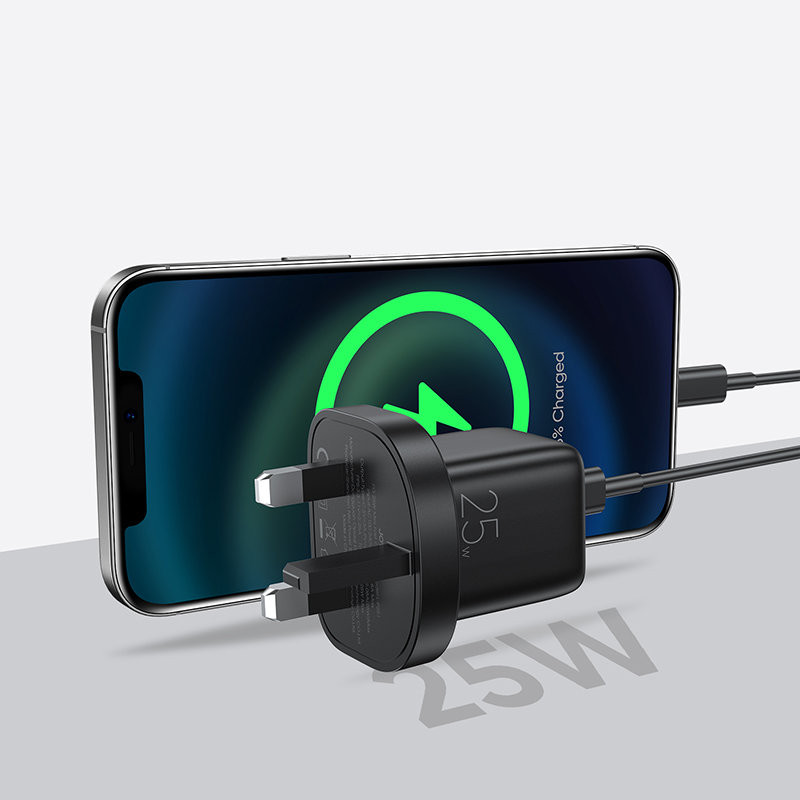 
Mažas greito įkroviklio maitinimo adapteris USB-C PD 5-12V 25W JK kištukas – juodas
