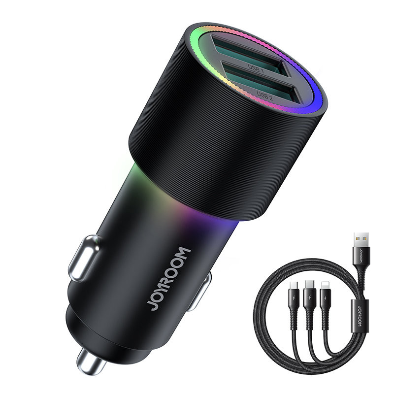 
2x USB automobilinis įkroviklis + 3in1 USB-C / mikro USB / Lightning laidas 1,2 m - juodas
