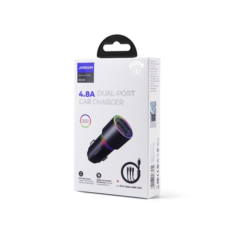 2x USB automobilinis įkroviklis + 3in1 USB-C / mikro USB / Lightning laidas 1,2 m - juodas