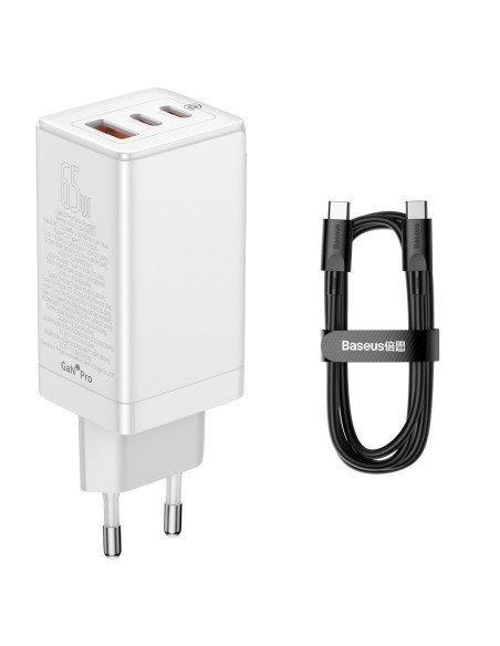 
GaN3 PRO greitas universalus sieninis įkroviklis 2x USB-C / USB + USB-C laidas 65W - baltas
