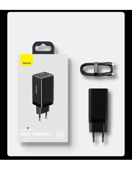 
GaN3 PRO greitas universalus sieninis įkroviklis 2x USB-C / USB + USB-C laidas 65W - baltas
