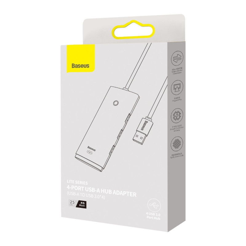 4 prievadų Lite serijos HUB skirstytuvas USB-A iki 4x USB-A 3.0 kabelis 25 cm – juodas