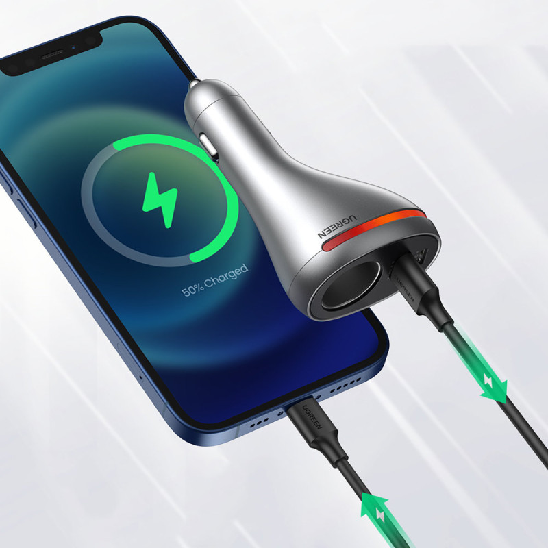 USB-C / USB automobilinis įkroviklis + 12V cigarečių degiklio lizdas - sidabrinis