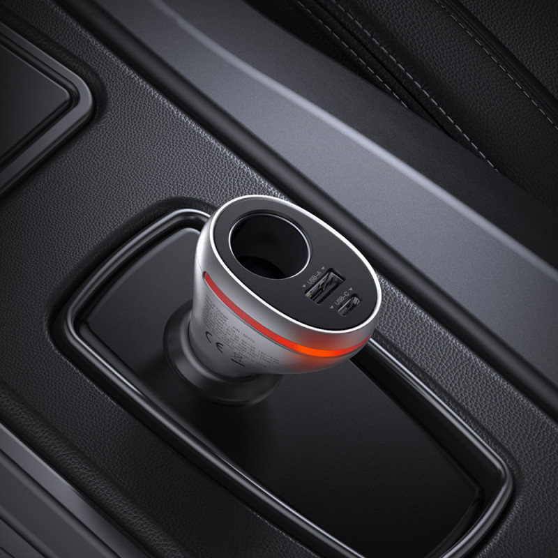 USB-C / USB automobilinis įkroviklis + 12V cigarečių degiklio lizdas - sidabrinis