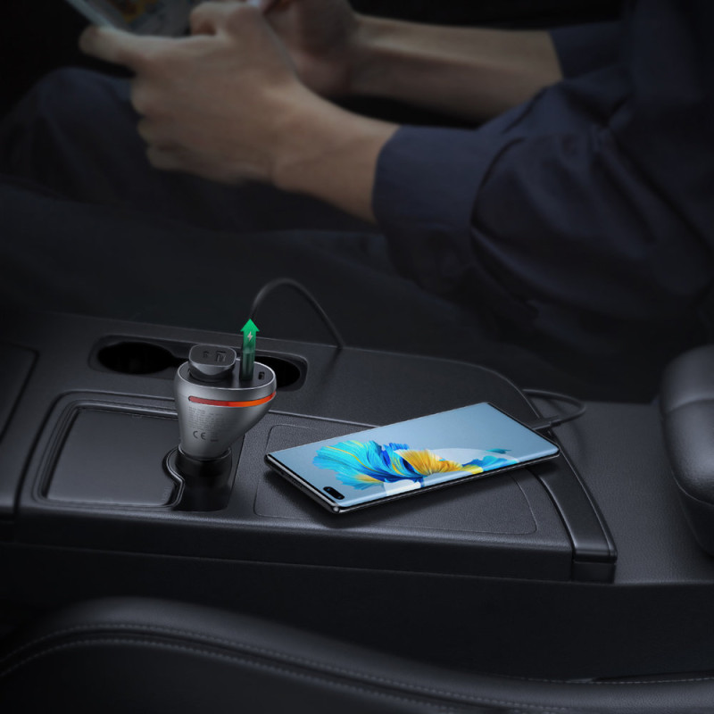 USB-C / USB automobilinis įkroviklis + 12V cigarečių degiklio lizdas - sidabrinis