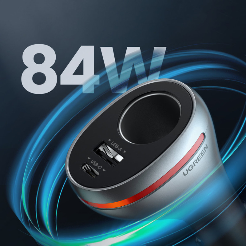 USB-C / USB automobilinis įkroviklis + 12V cigarečių degiklio lizdas - sidabrinis