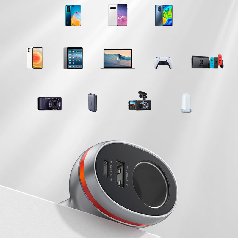 USB-C / USB automobilinis įkroviklis + 12V cigarečių degiklio lizdas - sidabrinis