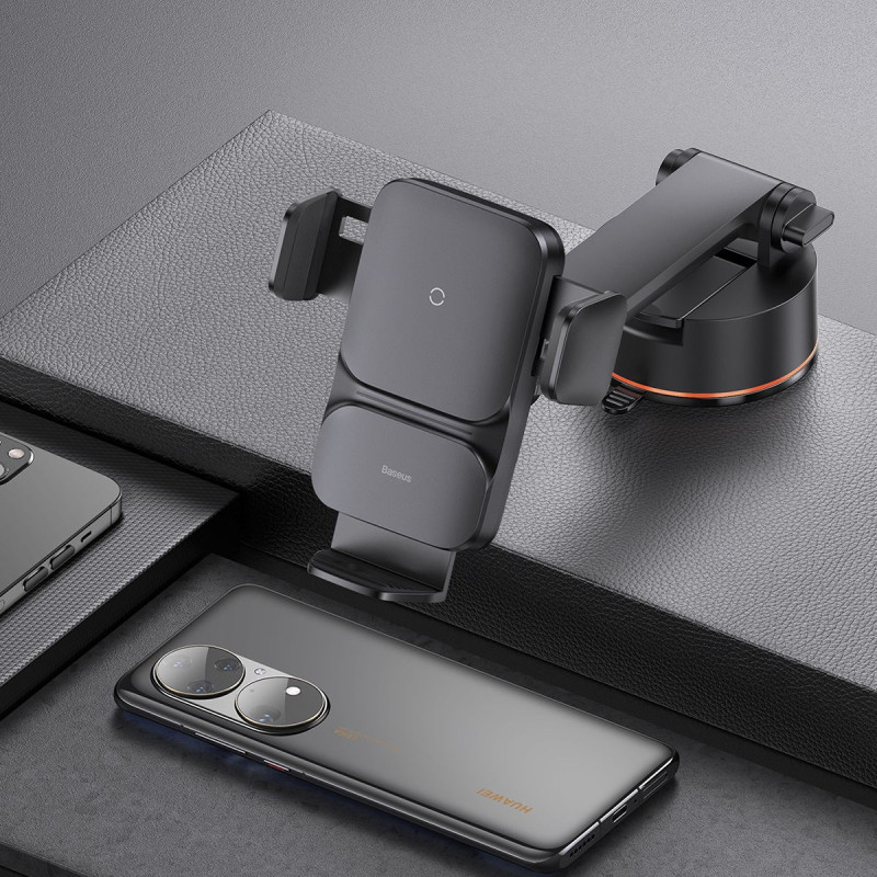 USB indukcinis įkroviklis, automobilinio telefono laikiklis su siurbtuku - juodas
