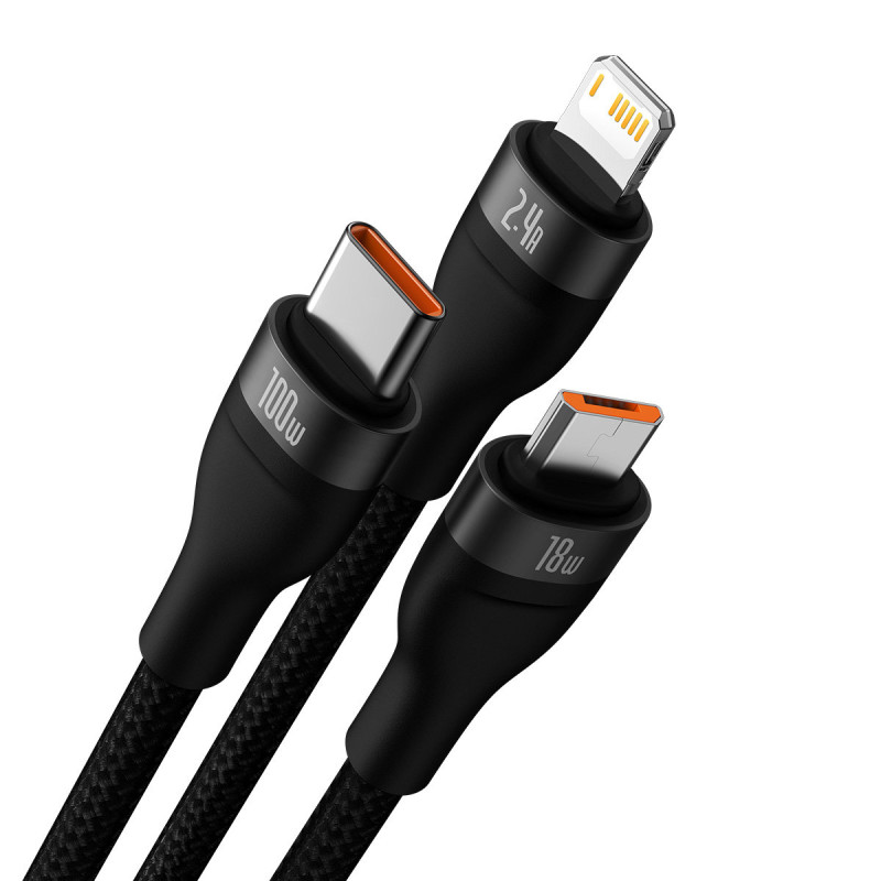 3in1 USB į USB-C / iPhone Lightning / mikro USB laidas 1,2 m - juodas