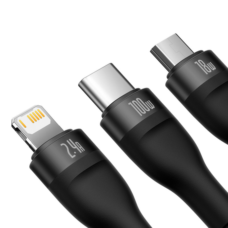 3in1 USB į USB-C / iPhone Lightning / mikro USB laidas 1,2 m - juodas