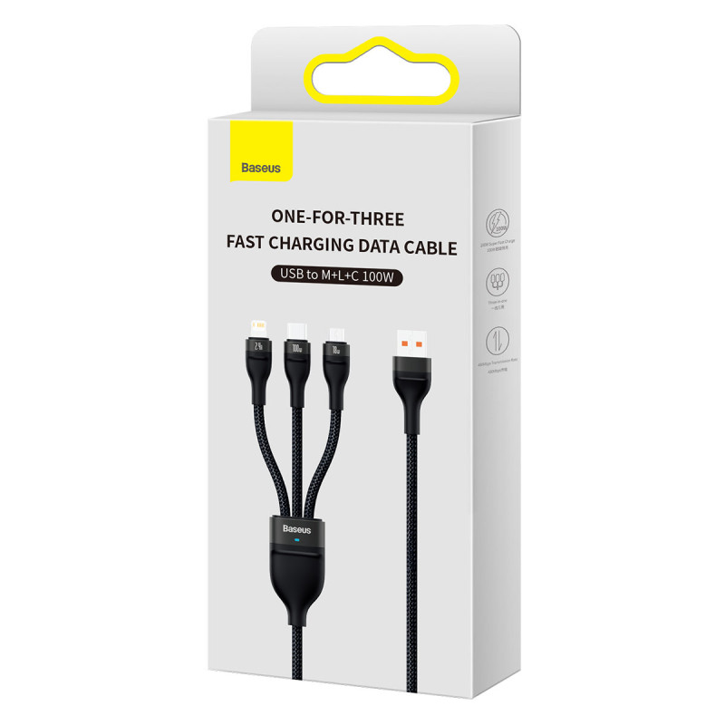 3in1 USB į USB-C / iPhone Lightning / mikro USB laidas 1,2 m - juodas