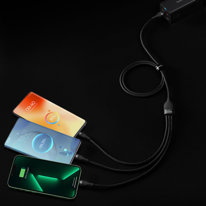 3in1 USB į USB-C / iPhone Lightning / mikro USB laidas 1,2 m - juodas