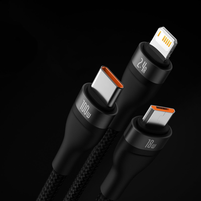 3in1 USB į USB-C / iPhone Lightning / mikro USB laidas 1,2 m - juodas