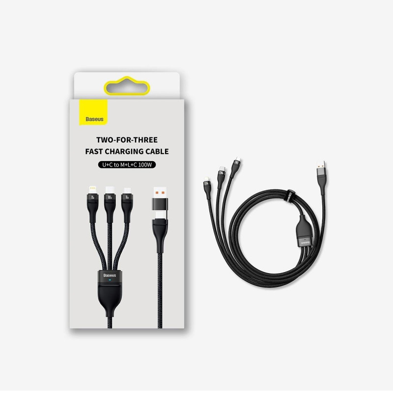 Kabelis 4in1 USB+USB-C į USB-C / iPhone Lightning / micro USB 1,2m – juodas