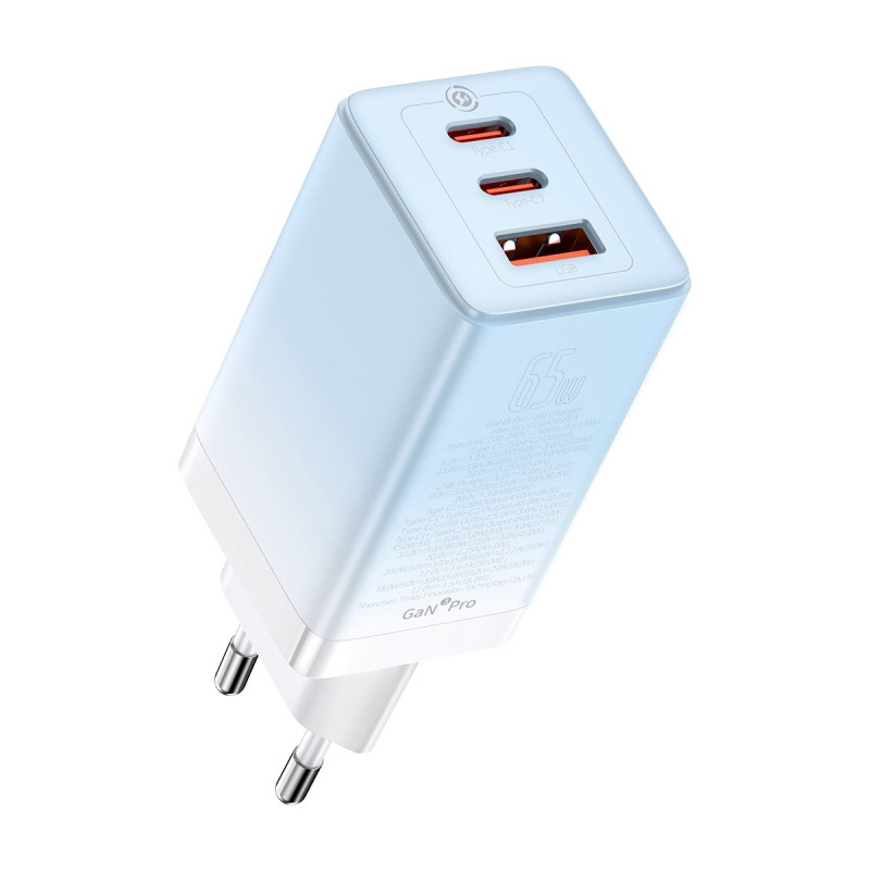 GaN 2x USB-C / USB 65W QC PD greitas įkroviklis – mėlynas