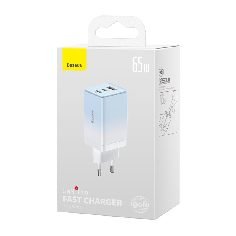 GaN 2x USB-C / USB 65W QC PD greitas įkroviklis – mėlynas