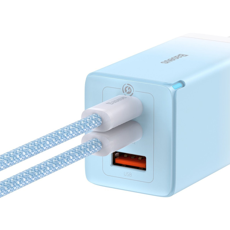 GaN 2x USB-C / USB 65W QC PD greitas įkroviklis – mėlynas