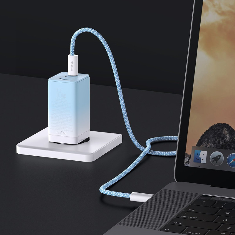 GaN 2x USB-C / USB 65W QC PD greitas įkroviklis – mėlynas