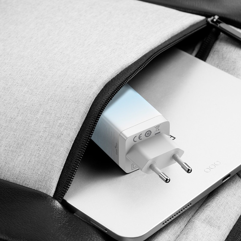 GaN 2x USB-C / USB 65W QC PD greitas įkroviklis – mėlynas