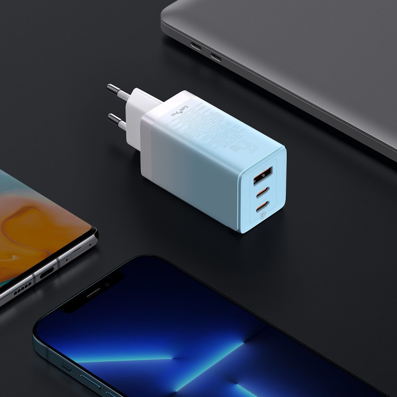 GaN 2x USB-C / USB 65W QC PD greitas įkroviklis – mėlynas