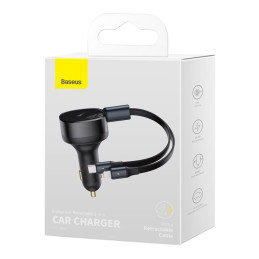 
2in1 USB-C + iPhone Lightning automobilinis įkroviklis, ištraukiamas laidas, 75cm, 30W - juodas

