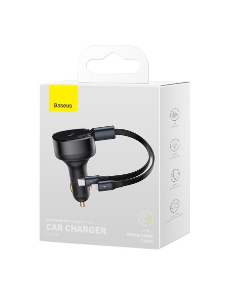 
2in1 USB-C + iPhone Lightning automobilinis įkroviklis, ištraukiamas laidas, 75cm, 30W - juodas
