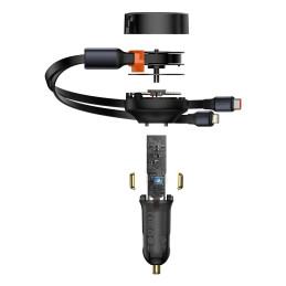
2in1 USB-C + iPhone Lightning automobilinis įkroviklis, ištraukiamas laidas, 75cm, 30W - juodas
